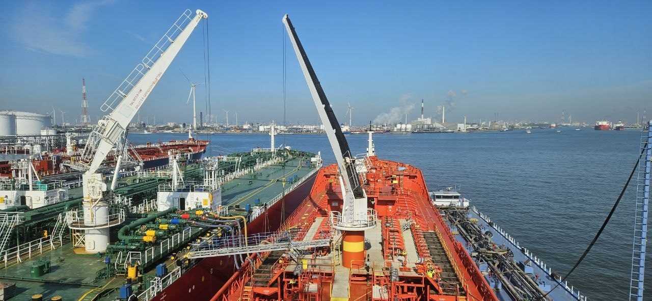 Tanker alongside during a ship-to-ship operation at a port terminal